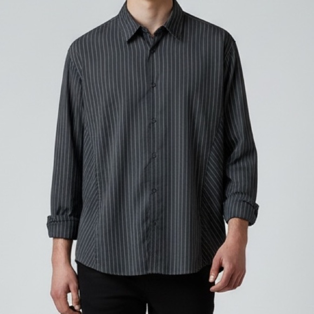 Le Chateau Mens Button Down Dress Shirt Long Sleeves Black White Pinstripes XL